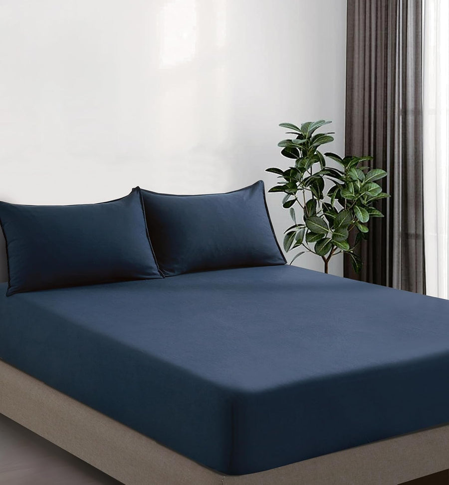 100% Vintage Washed Microfibre Fitted Sheet Set – Ultra Soft & Lightweight All-Season Fitted Sheet with 1 Pillowcase (Navy Blue, Single Size)