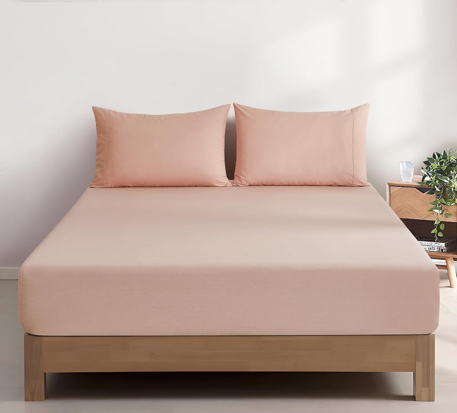 100% Vintage Washed Cotton Fitted Sheet Combo Set – 100% Natural Cotton, Ultra Soft & Breathable – Includes Fitted Sheet & Pillowcases – Machine Washable (Pink, Queen)