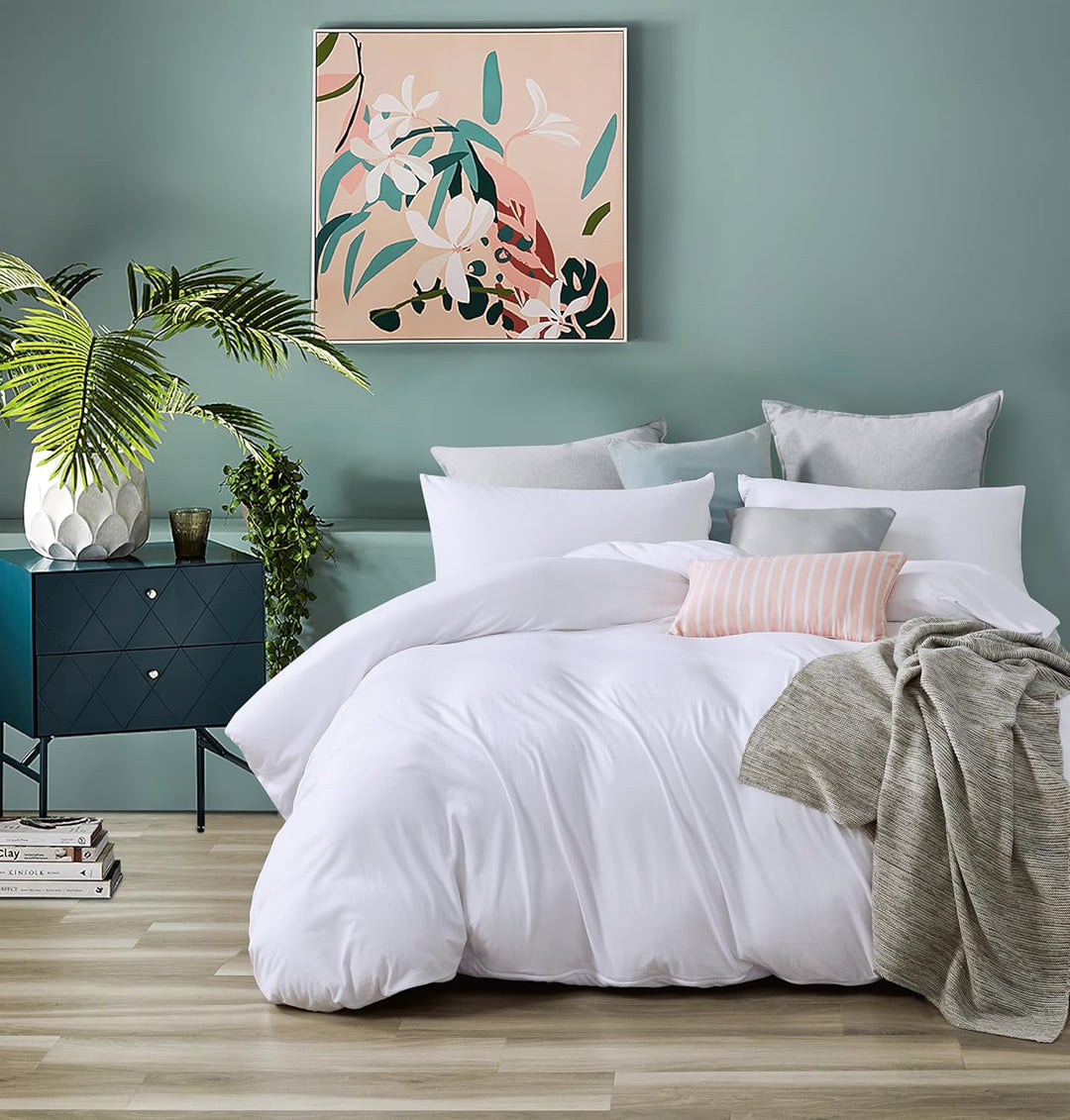 100% Jersey Cotton Quilt Cover Set - White - Queen