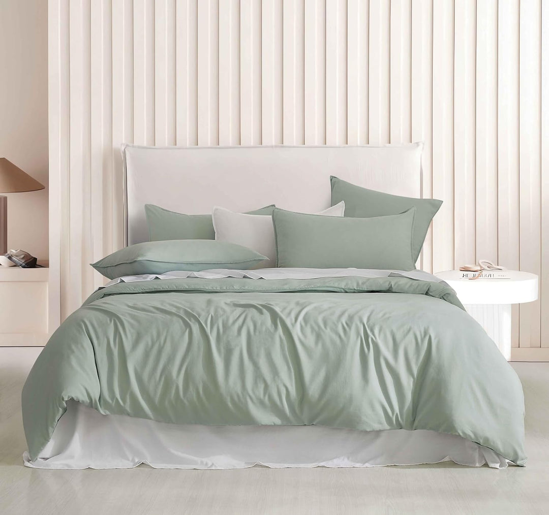 Vintage Washed Microfibre Quilt Cover Set (Sage, King)