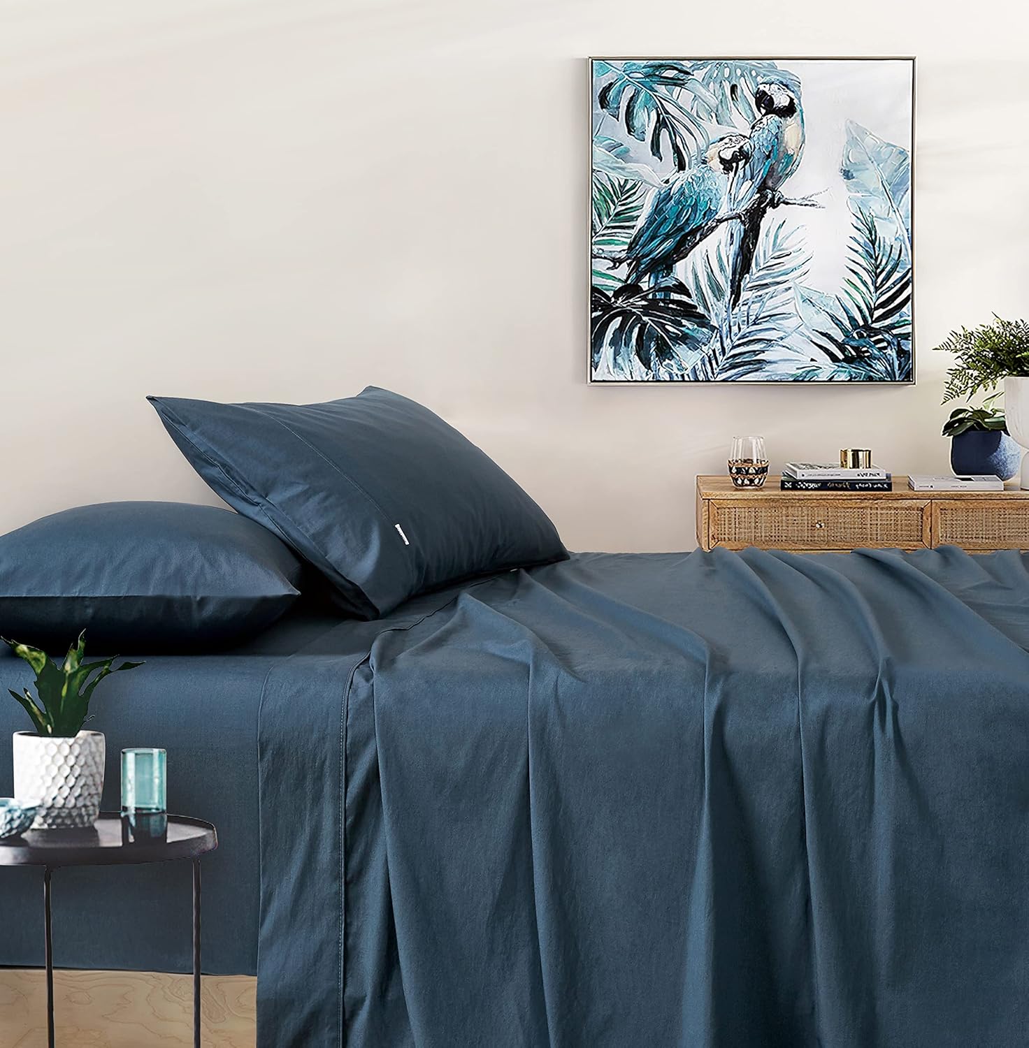 Gioia Casa Vintage Washed 100% Cotton Soft Breathable Sheet Set - Dark Indigo - King Single