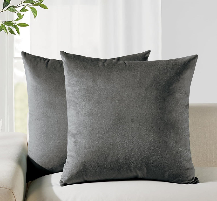 Twin-Pack Velvet Cushion Covers - Soft Microfibre Cushion Covers with Hidden Zipper (Dark Grey, 65cm*65cm)