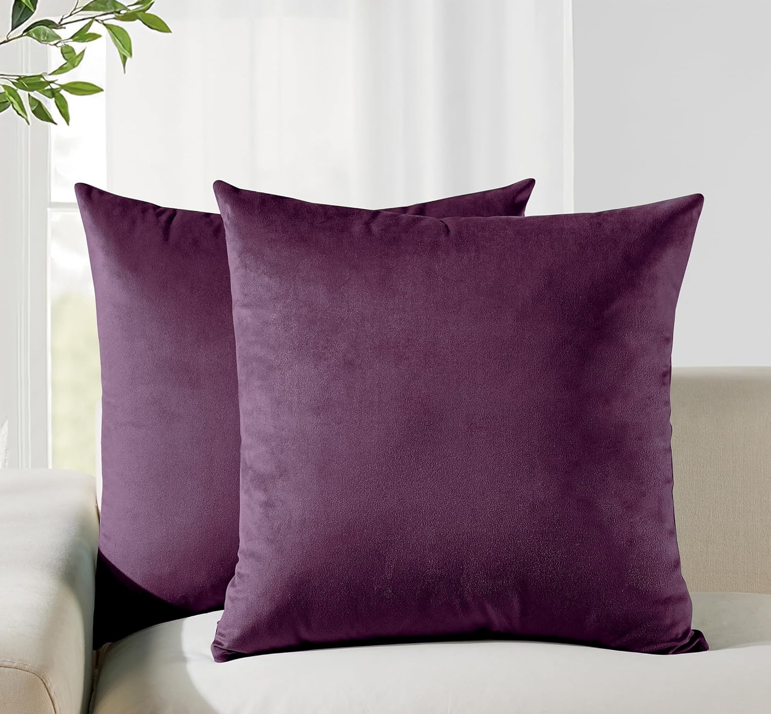 Twin-Pack Velvet Cushion Covers - Soft Microfibre Cushion Covers with Hidden Zipper (Plum, 65cm*65cm)
