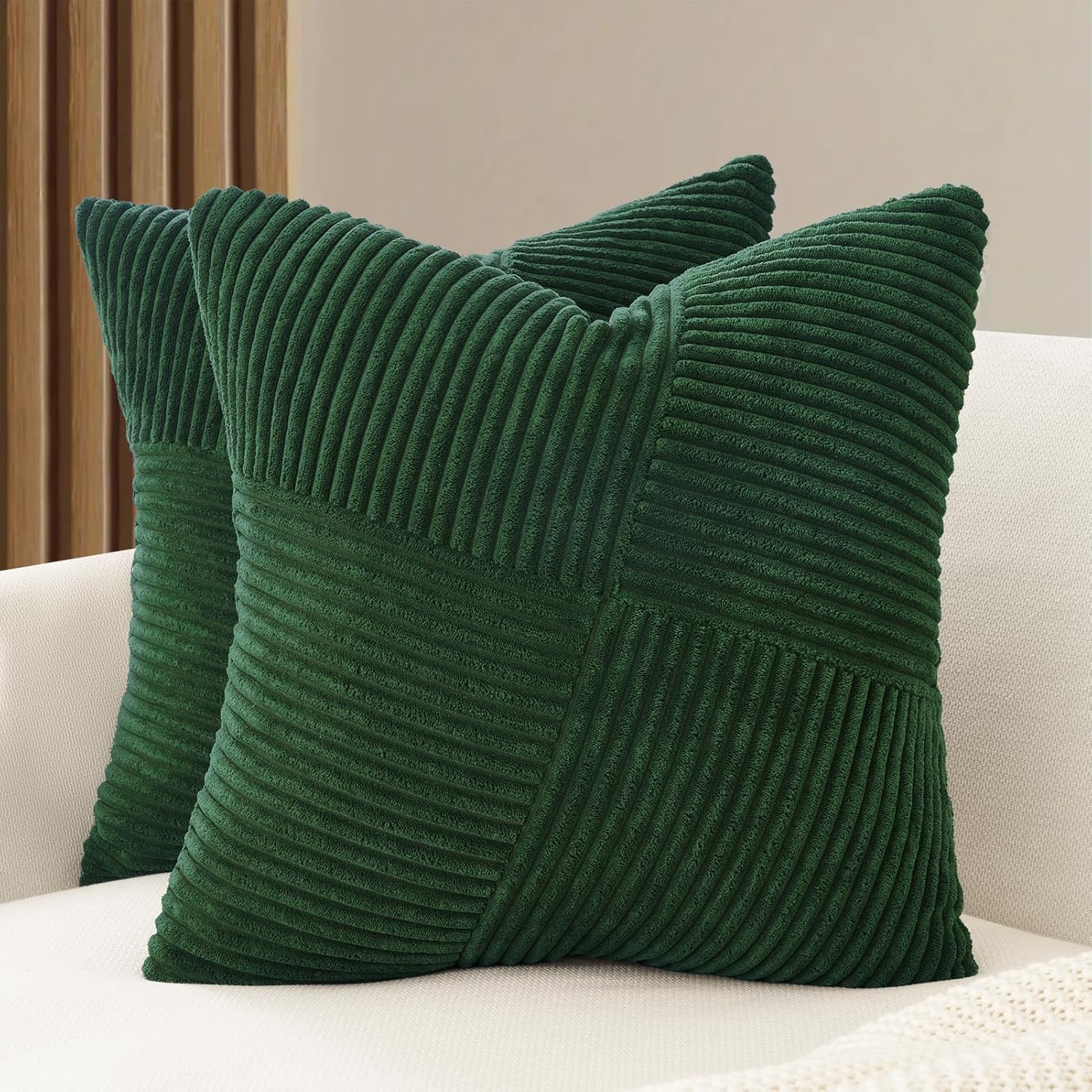 Corduroy Cushion Covers - Soft Velvet Fabric with Windmill-Inspired Pattern and Hidden Zipper Design - Forest Green, 45cm x 45cm (Twin Pack)