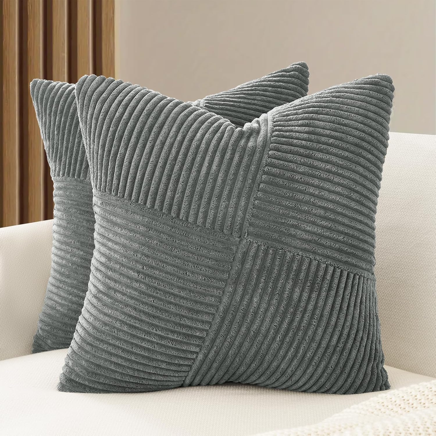 Corduroy Cushion Covers - Soft Velvet Fabric with Windmill-Inspired Pattern and Hidden Zipper Design - Dark Grey, 45cm x 45cm (Twin Pack)