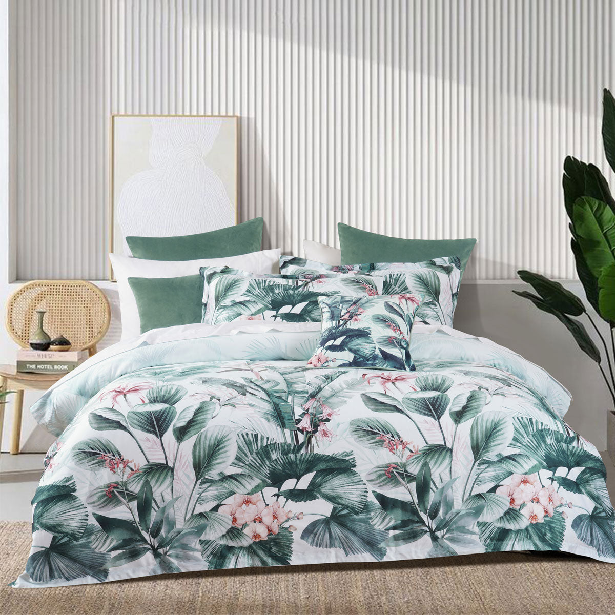 Bianca Abbey Green Cotton Sateen Tropical Floral Quilt Cover Set Super King
