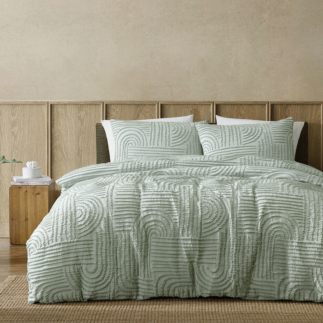 Ardor Kiewa Dusty Sage Textured Jacquard Aztec Quilt Cover Set King