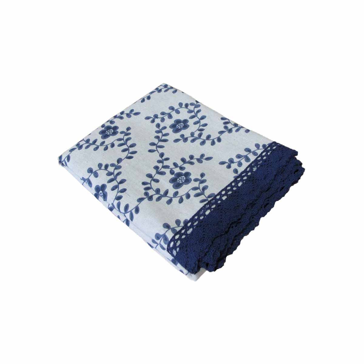 Floral Printed Premium 60% Cotton 40% Linen Table Cloth with Navy Lace Edging 140 x 220 cm / 6 Seater