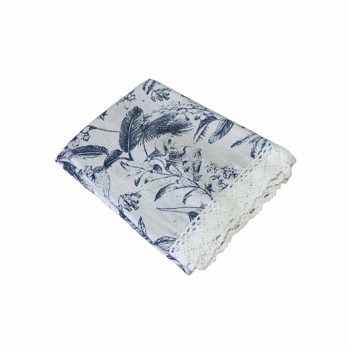Vintage Flowers Printed Premium 60% Cotton 40% Linen Table Cloth with White Lace Edging 140 x 220 cm / 6 Seater