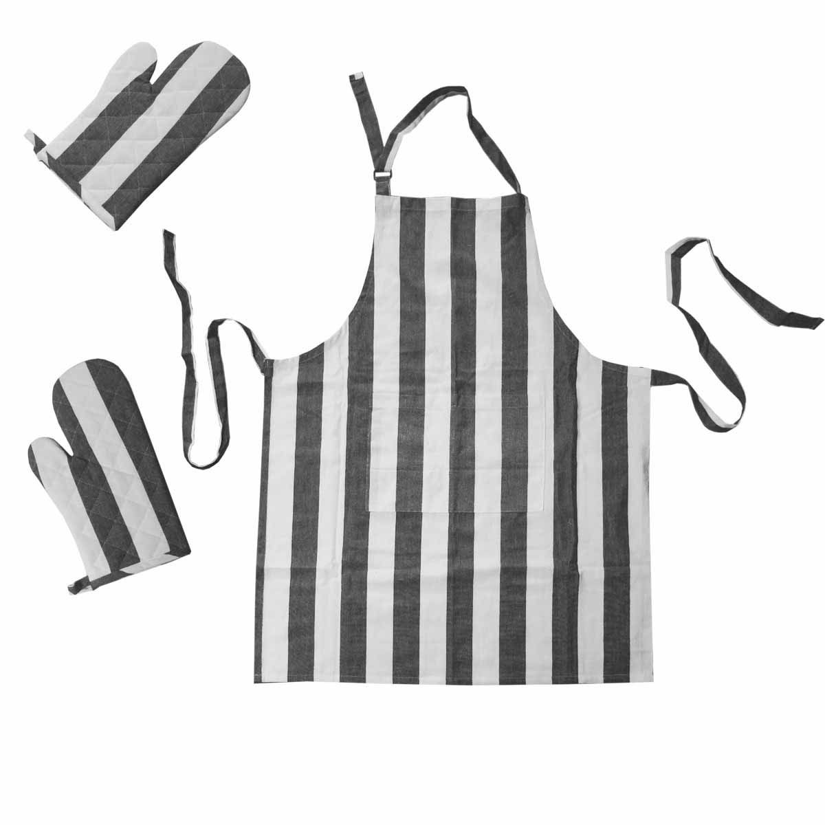 Rans Set of 3 Alfresco Stripe Cotton Apron & Oven Gloves Set Black