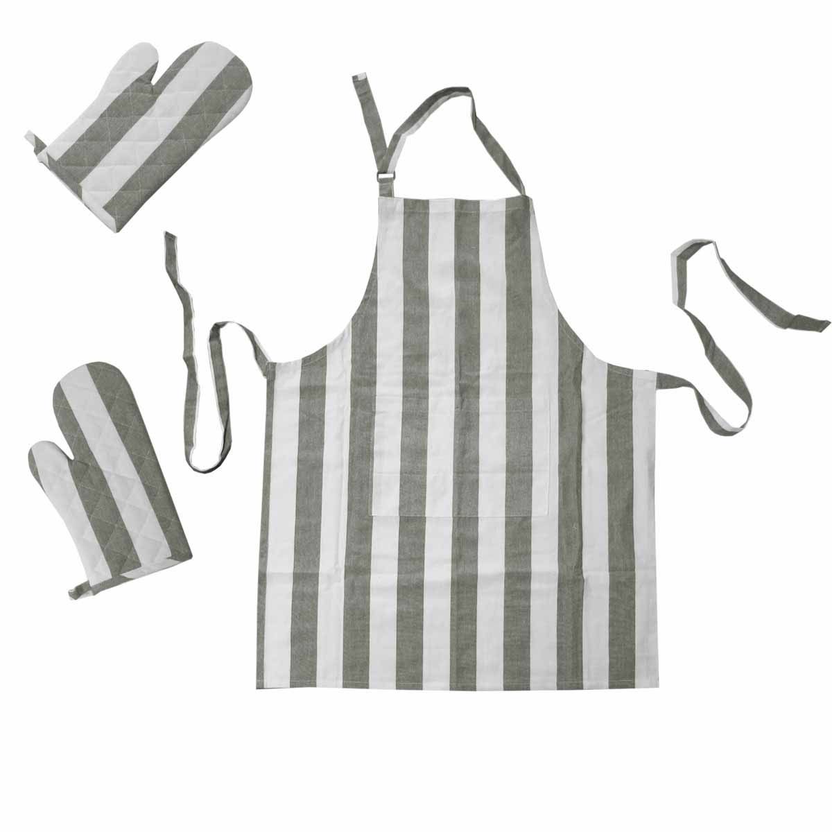 Rans Set of 3 Alfresco Stripe Cotton Apron & Oven Gloves Set Grey