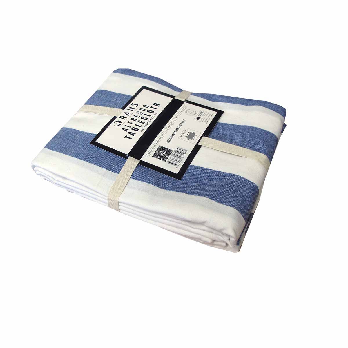 Rans Blue Alfresco Stripes Cotton Tablecloth - Choose from 2 sizes 150cm x 250cm