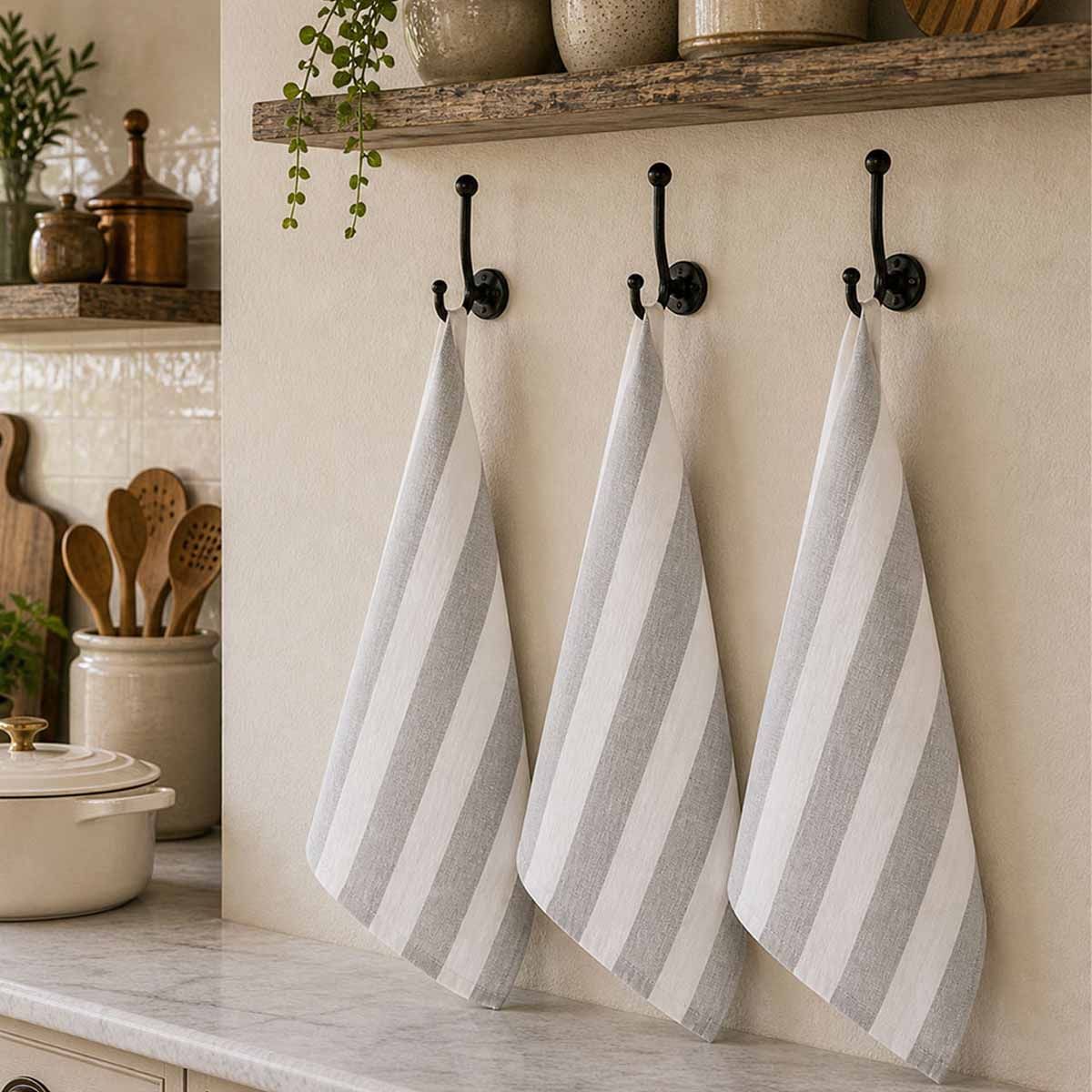 Rans Alfresco Stripes Cotton Set of 3 Tea Towels 45 x 65 cm Grey