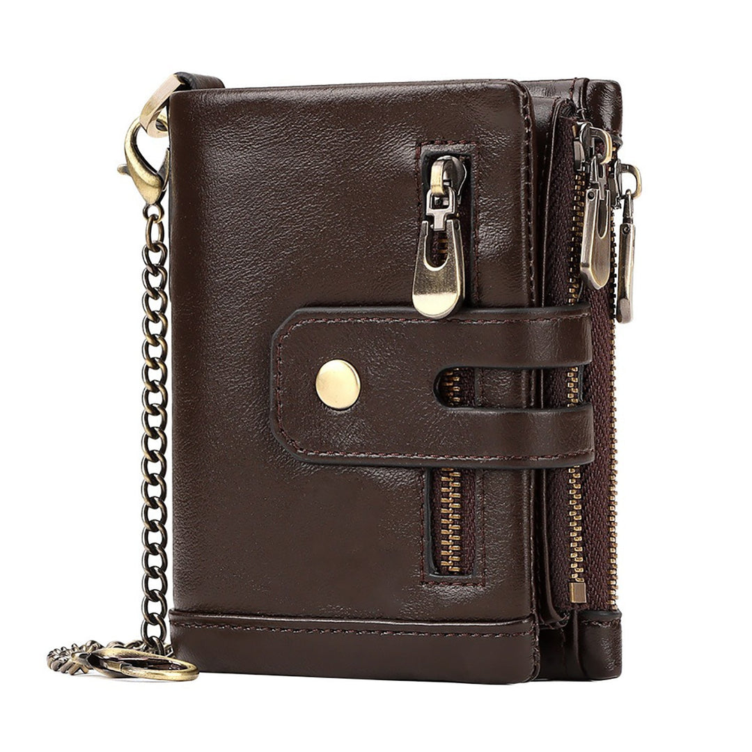 Men's Genuine Leather Wallet RFID Blocking Retro Bifold Zipper Card Holder with Key Chain