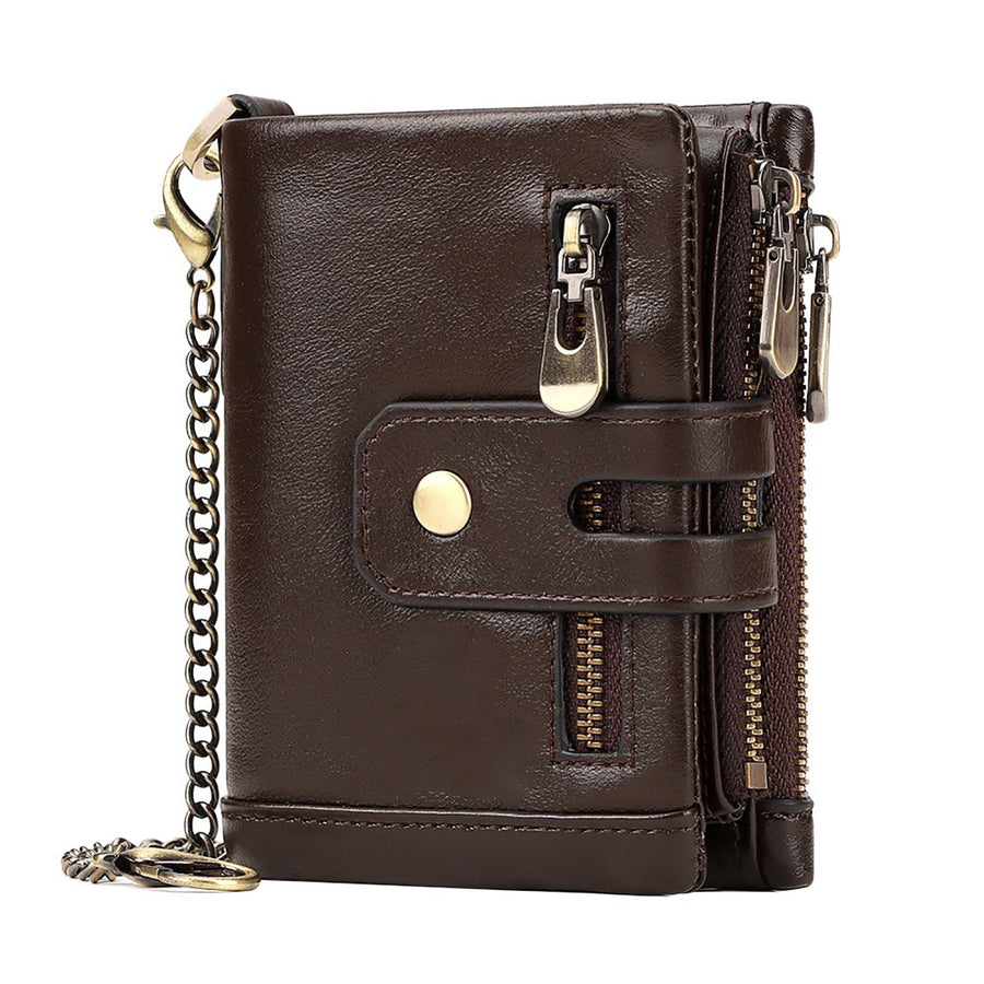 Men's Genuine Leather Wallet RFID Blocking Retro Bifold Zipper Card Holder with Key Chain