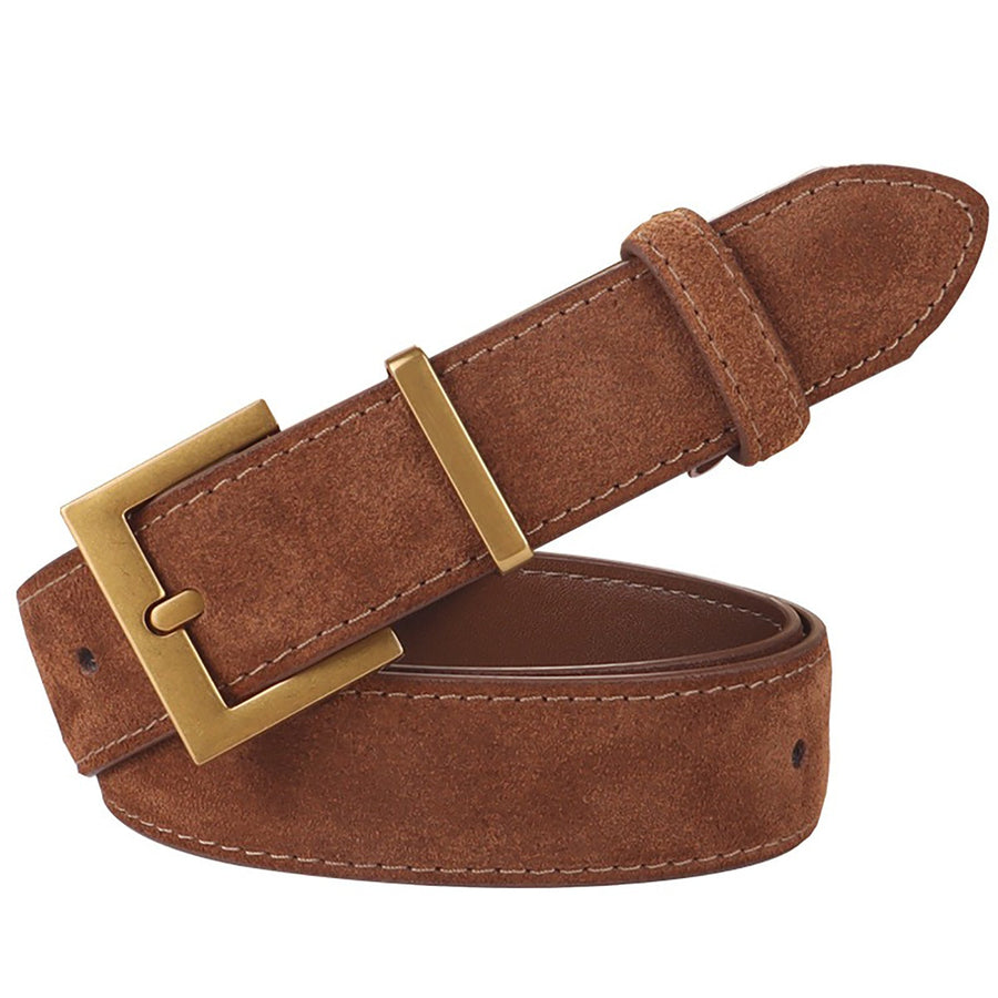 Women's Genuine Suede Leather Belt Classic Pin Buckle Cowhide Belts (Caramel)