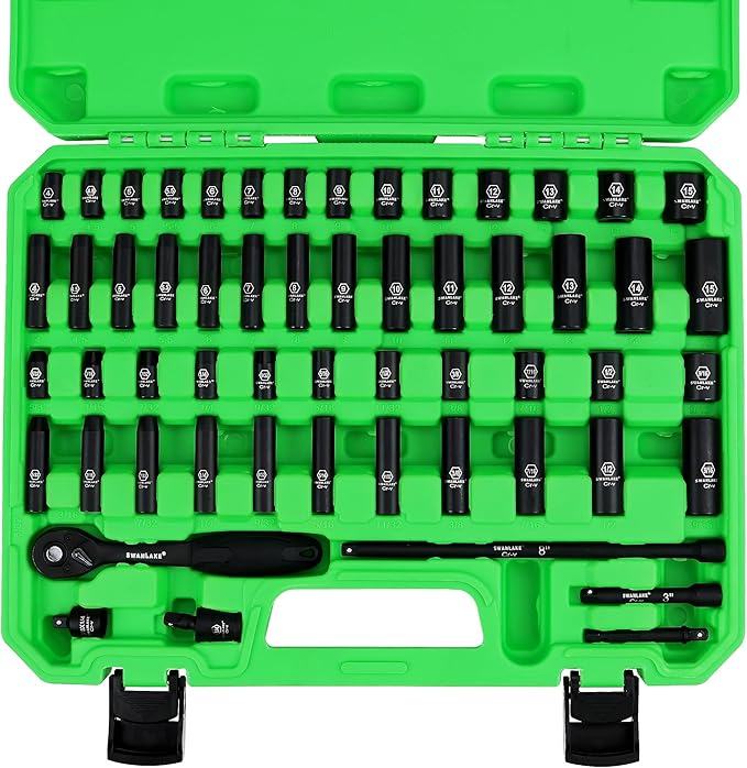 SWANLAKE 1/4" Drive Impact Socket Set, 56-Piece Standard SAE (5/32 to 9/16 inch) and Metric (4-15mm) Size, 6 Point, Cr-V