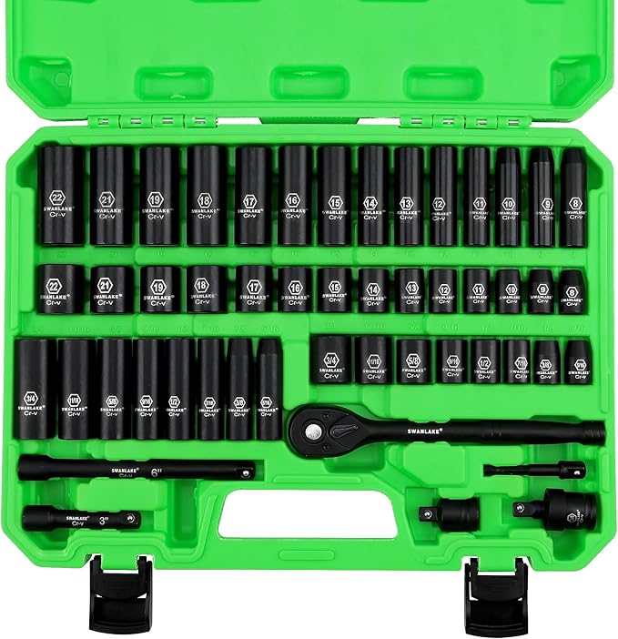 SWANLAKE 3/8" Drive Impact Socket Set, 50-Piece Standard SAE (5/16 to 3/4 inch) and Metric (8-22mm) Size, 6 Point, Cr-V,