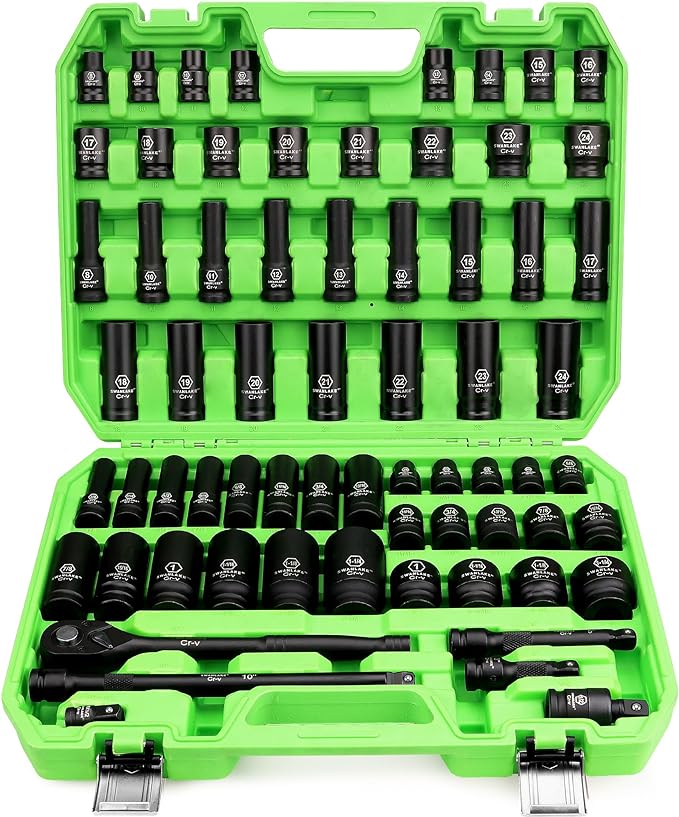 SWANLAKE 1/2" Drive Impact Socket Set, 66-Piece Standard SAE (3/8"-1-1/4") and Metric (8-24mm) Size, 6 Point, Cr-V, 1/2-