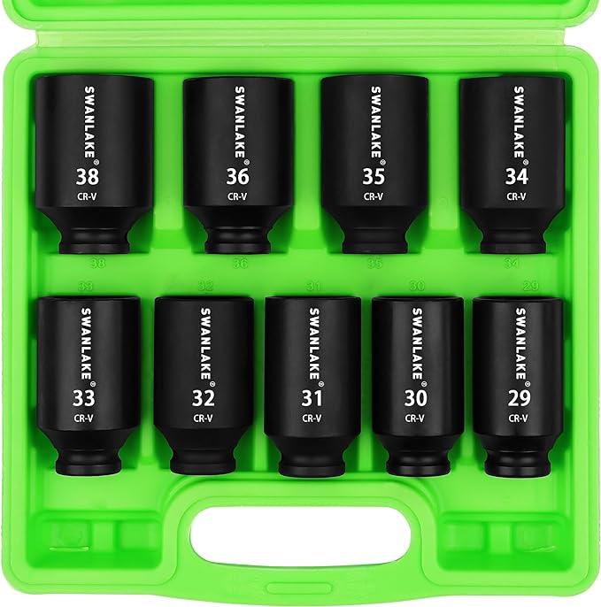 SWANLAKE 9-Piece 1/2" Drive Jumbo Impact Socket Set, Metric 29mm-38mm Large Socksts Spindle Axle Nut Impact Socket, CR-V