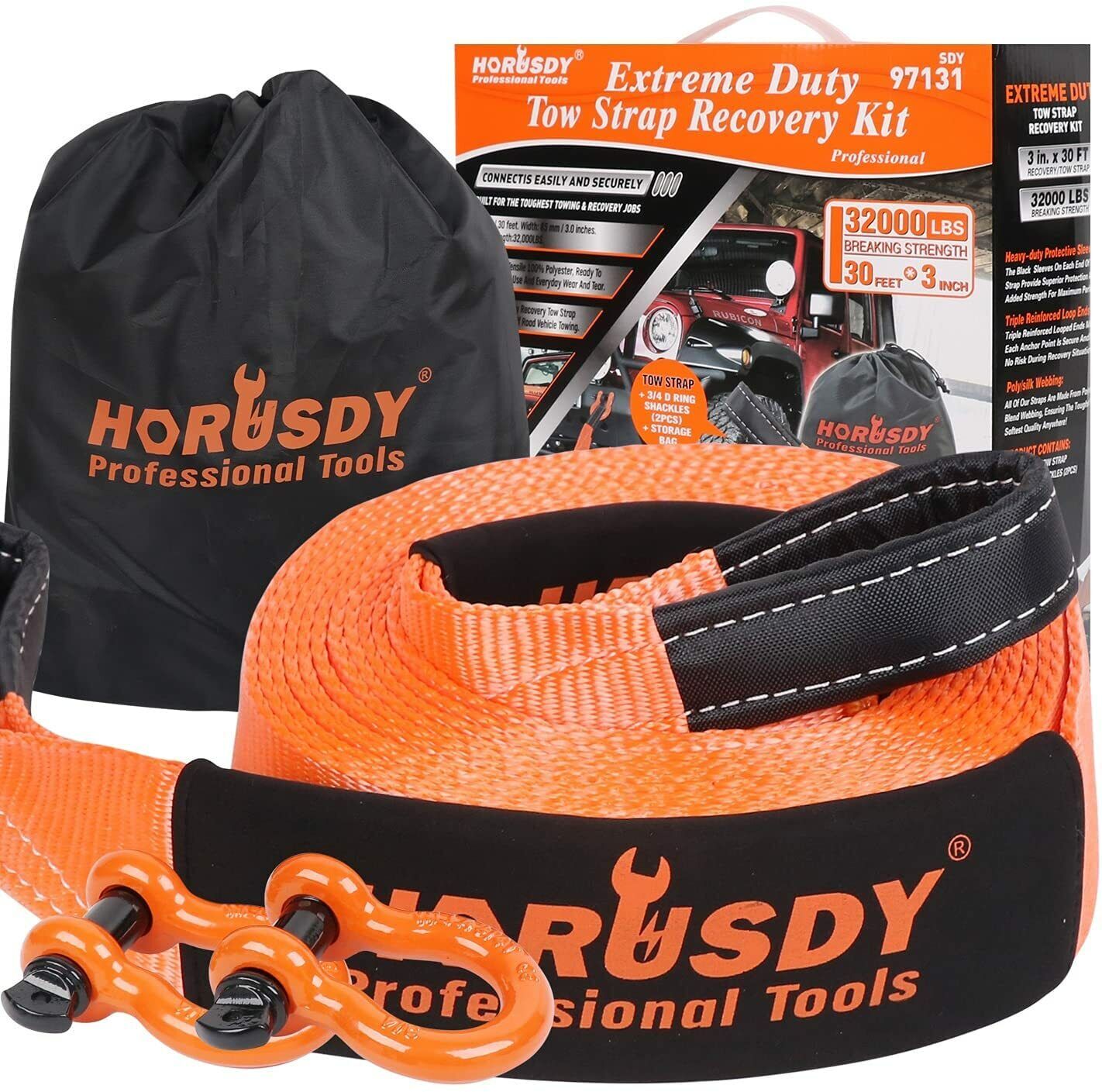 Heavy Duty 9.1M Recovery Tow Straps Snatch Kit - 32,000 LBS Break Strength with D-Ring Shackles for Off-Roading Recovery