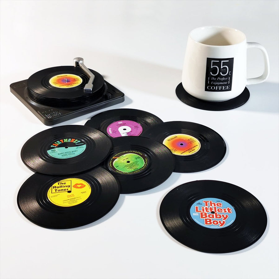 6x Creative Vinyl Record Cup Coasters w Holder Glass Drink Tableware Home DÃ©cor, A w/ Record Player Holder
