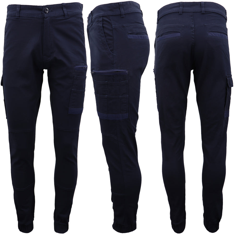 Men's Cargo Cotton Drill Work Pants UPF 50+ 13 Pockets Tradies Workwear Trousers, Navy, 38