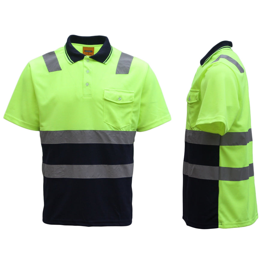 HI VIS Short Sleeve Workwear Shirt w Reflective Tape Cool Dry Safety Polo 2 Tone, Fluoro Yellow / Navy, 4XL