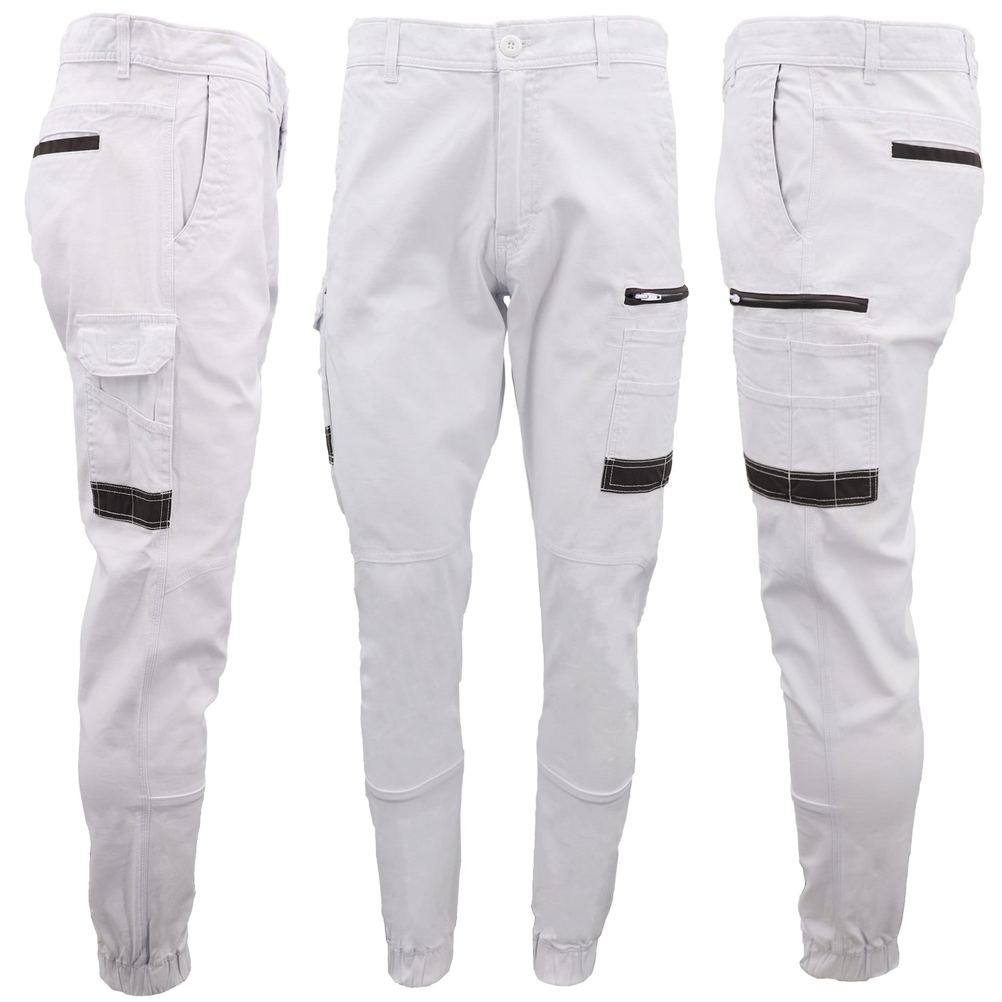 Men's Cargo Cotton Drill Work Pants UPF 50+ 13 Pockets Tradies Workwear Trousers, White, 34