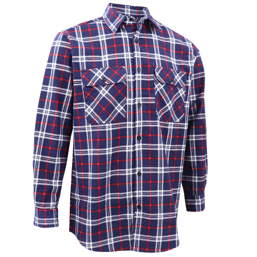 Men's 100% Cotton Flannelette Shirt Long Sleeve Plaid Check Flannel w Pockets, Patriot Navy Plaid, M