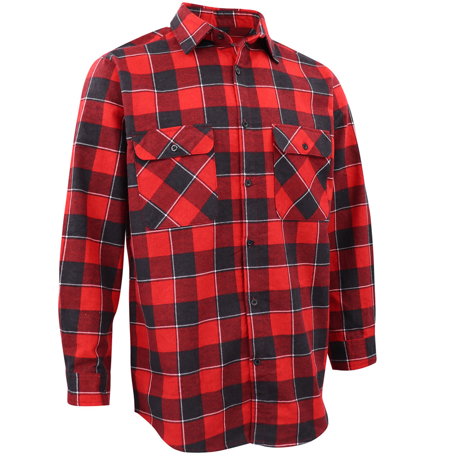 Men's 100% Cotton Flannelette Shirt Long Sleeve Plaid Check Flannel w Pockets, Lumberjack Red Buffalo Plaid, L