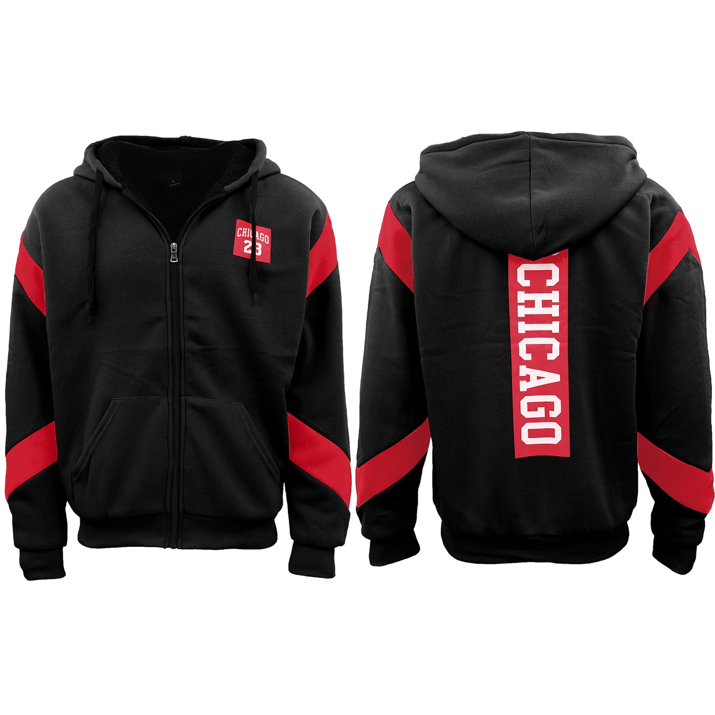 Mens Fleece Sherpa Fur Hooded Thick Winter Jacket Chicago 23 Michael Jordan Coat, Black, L