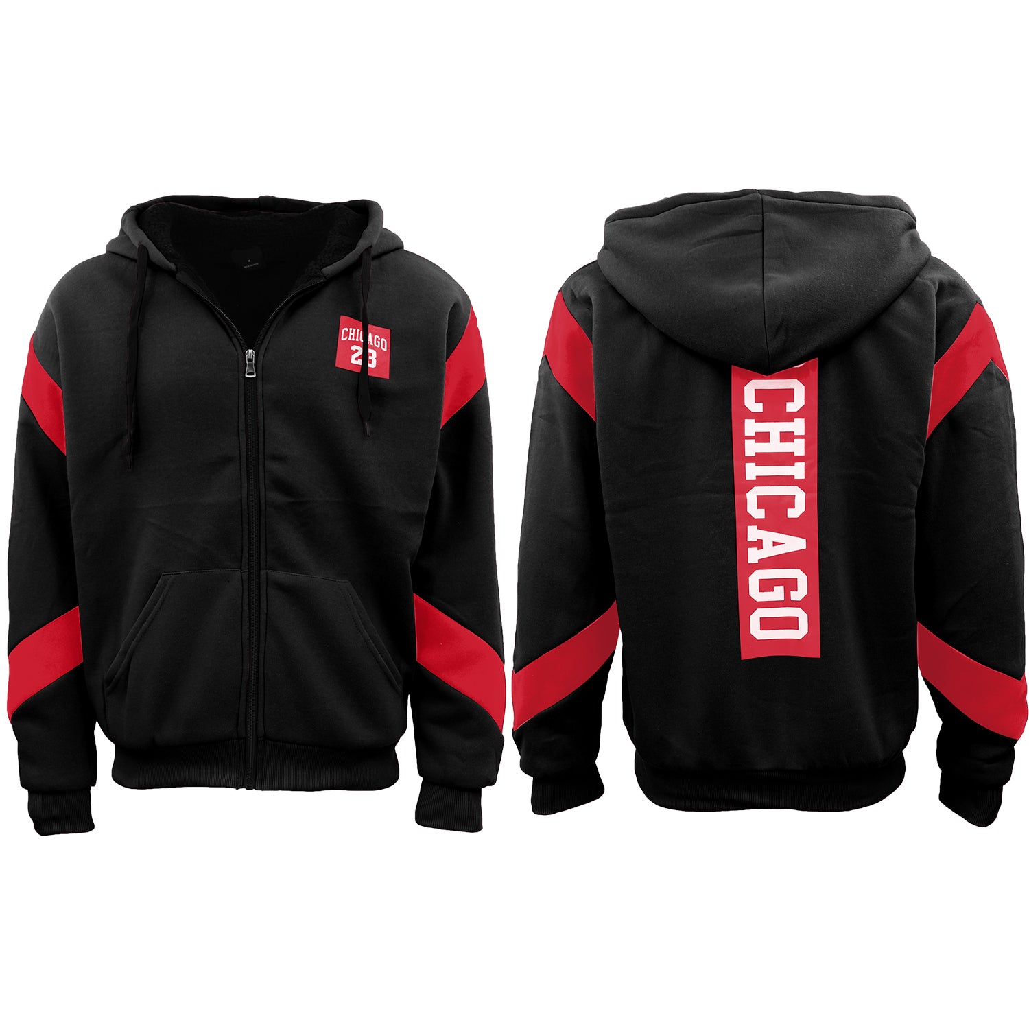 Mens Fleece Sherpa Fur Hooded Thick Winter Jacket Chicago 23 Michael Jordan Coat, Black, L