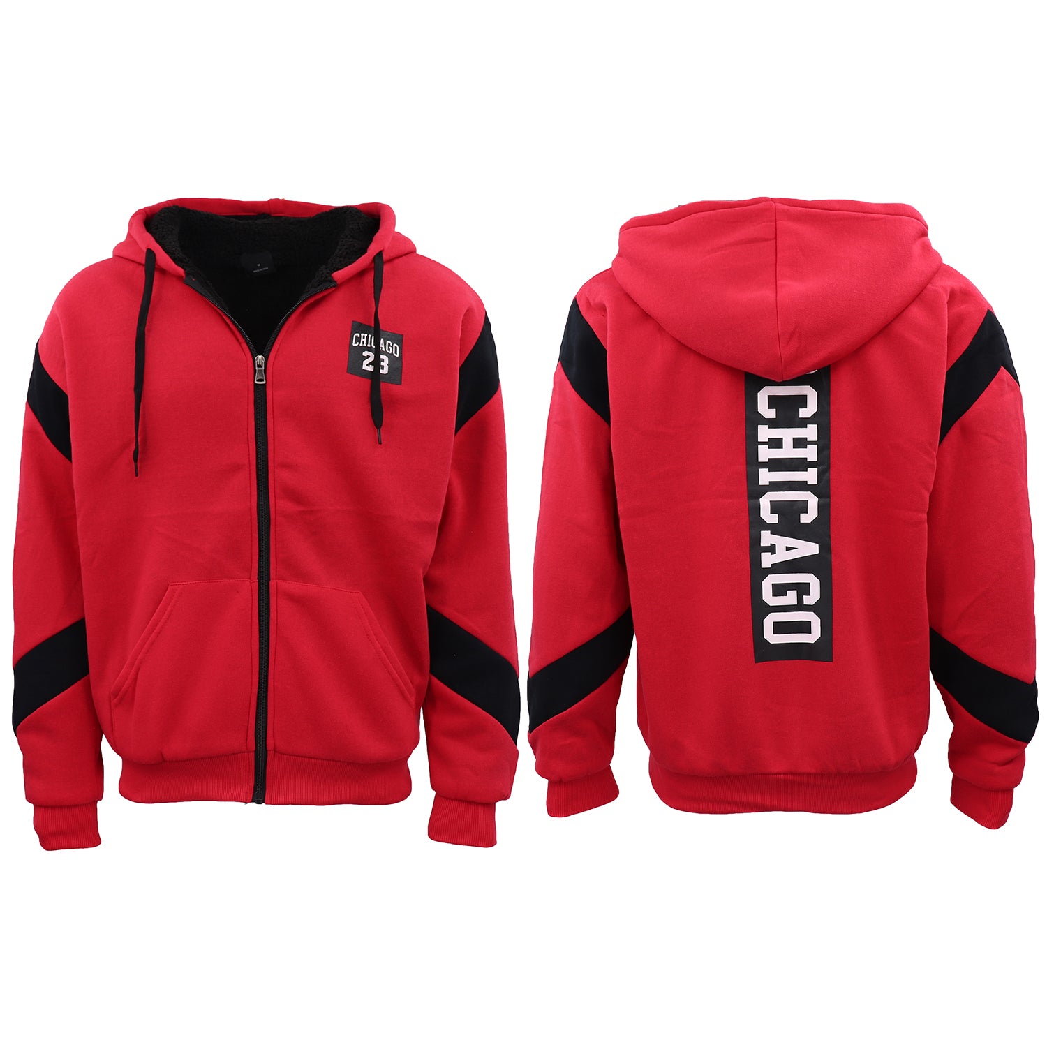 Mens Fleece Sherpa Fur Hooded Thick Winter Jacket Chicago 23 Michael Jordan Coat, Red, XL