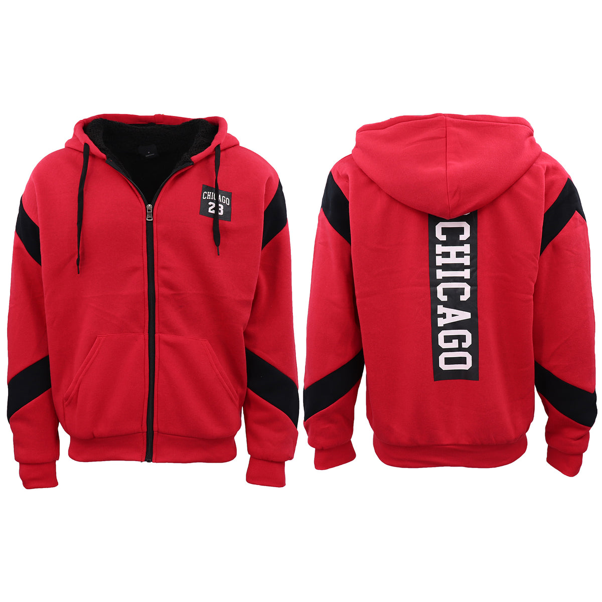 Mens Fleece Sherpa Fur Hooded Thick Winter Jacket Chicago 23 Michael Jordan Coat, Red, XL