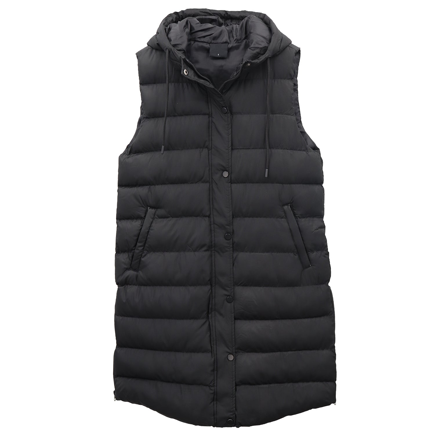 Women's Longline Padded Vest Hooded Jacket Puffer Puffy Quilted Zip Coat Gilet, Black, 16