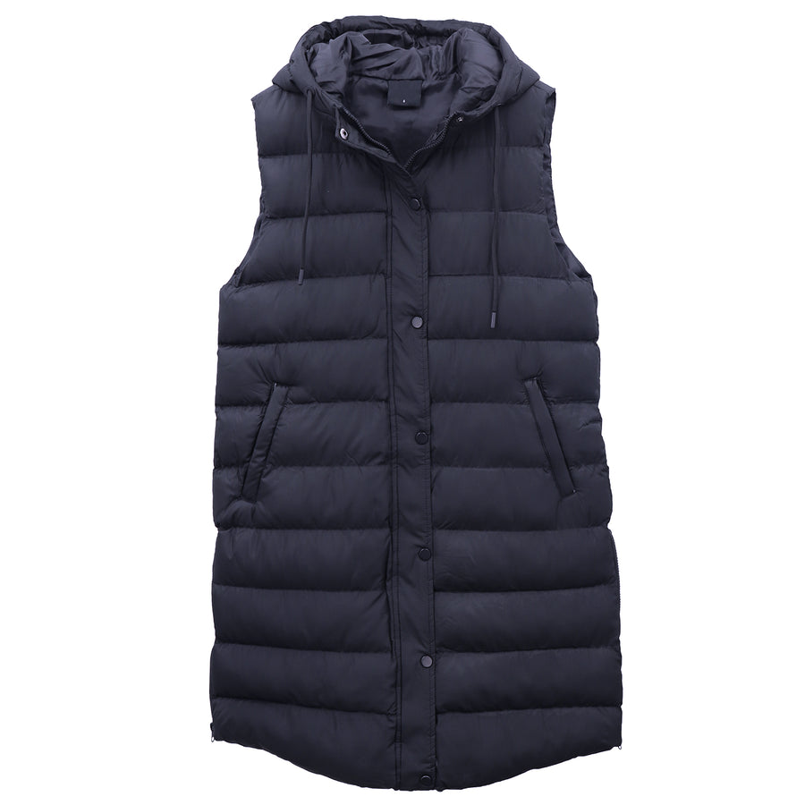 Women's Longline Padded Vest Hooded Jacket Puffer Puffy Quilted Zip Coat Gilet, Navy, 8