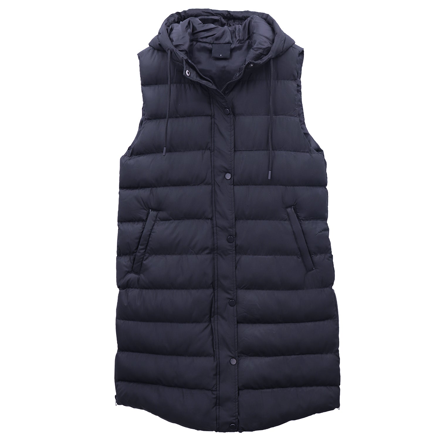 Women's Longline Padded Vest Hooded Jacket Puffer Puffy Quilted Zip Coat Gilet, Navy, 14