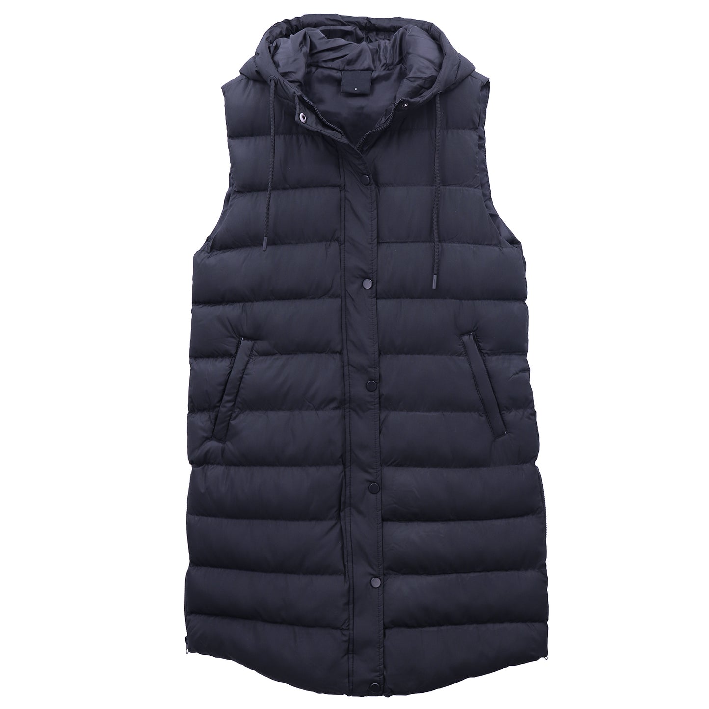 Women's Longline Padded Vest Hooded Jacket Puffer Puffy Quilted Zip Coat Gilet, Navy, 16