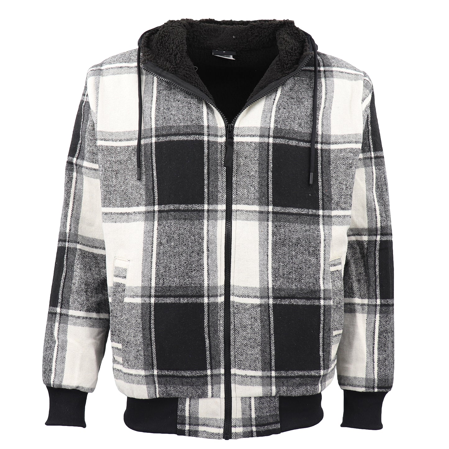 Men's Thick Sherpa Fur Lined Plaid Hoodie Jacket Zip Hooded Jumper Coat Sweater, Black & White, M