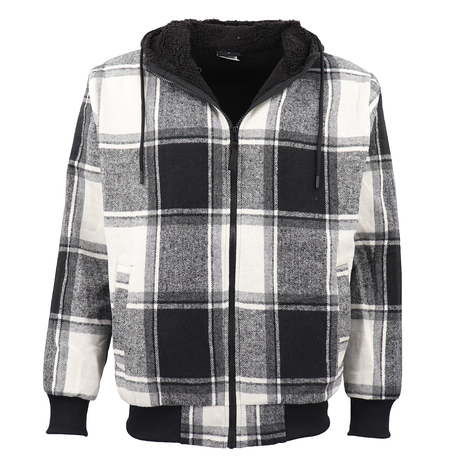 Men's Thick Sherpa Fur Lined Plaid Hoodie Jacket Zip Hooded Jumper Coat Sweater, Black & White, M