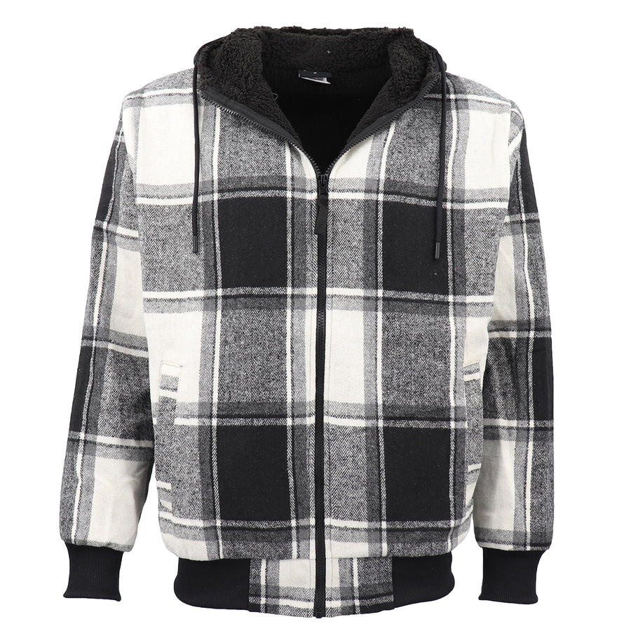 Men's Thick Sherpa Fur Lined Plaid Hoodie Jacket Zip Hooded Jumper Coat Sweater, Black & White, M