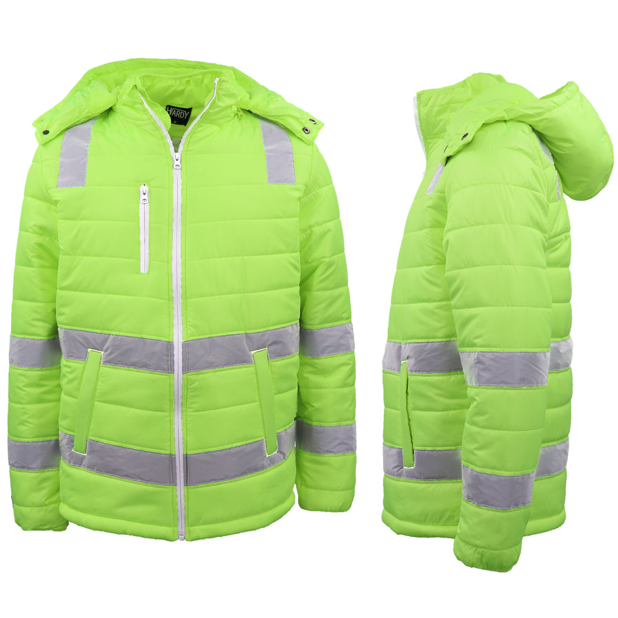 HI VIS Puffer Safety Jacket Reflective Tape Removable Hood Zip Pocket Puffy Coat, Fluro Yellow, 5XL