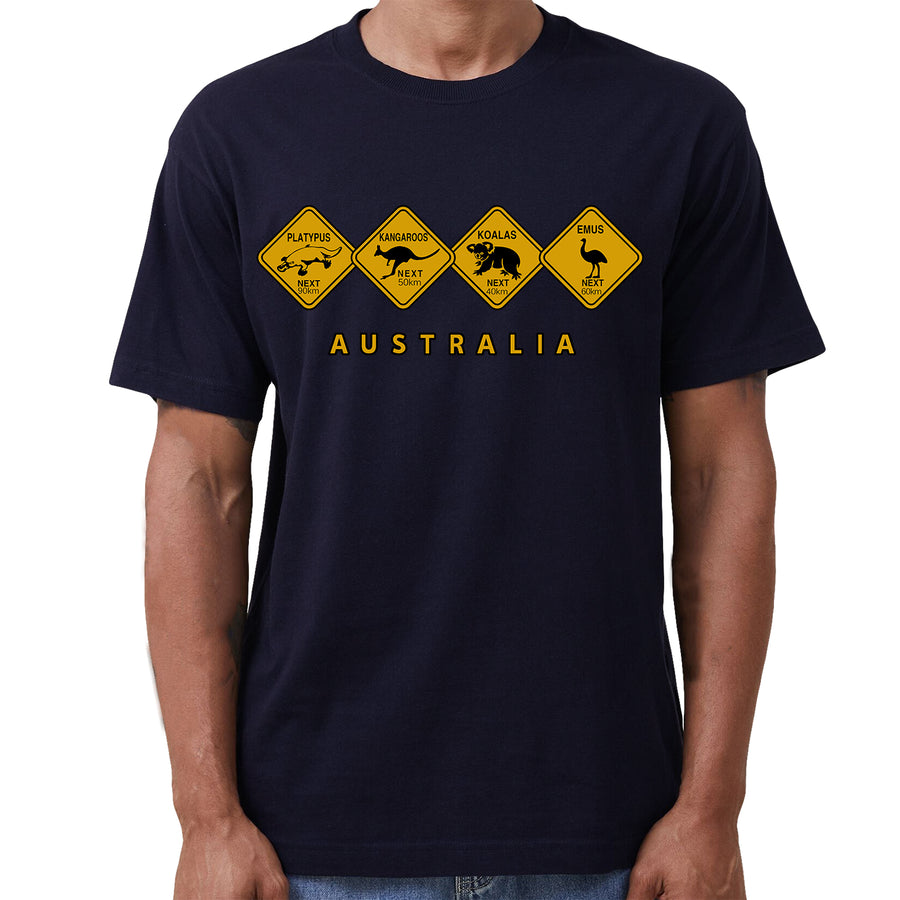 Adult Unisex 100% Cotton T Shirt Australia Wildlife Road Sign Souvenir Tee Tops, Navy, 3XL