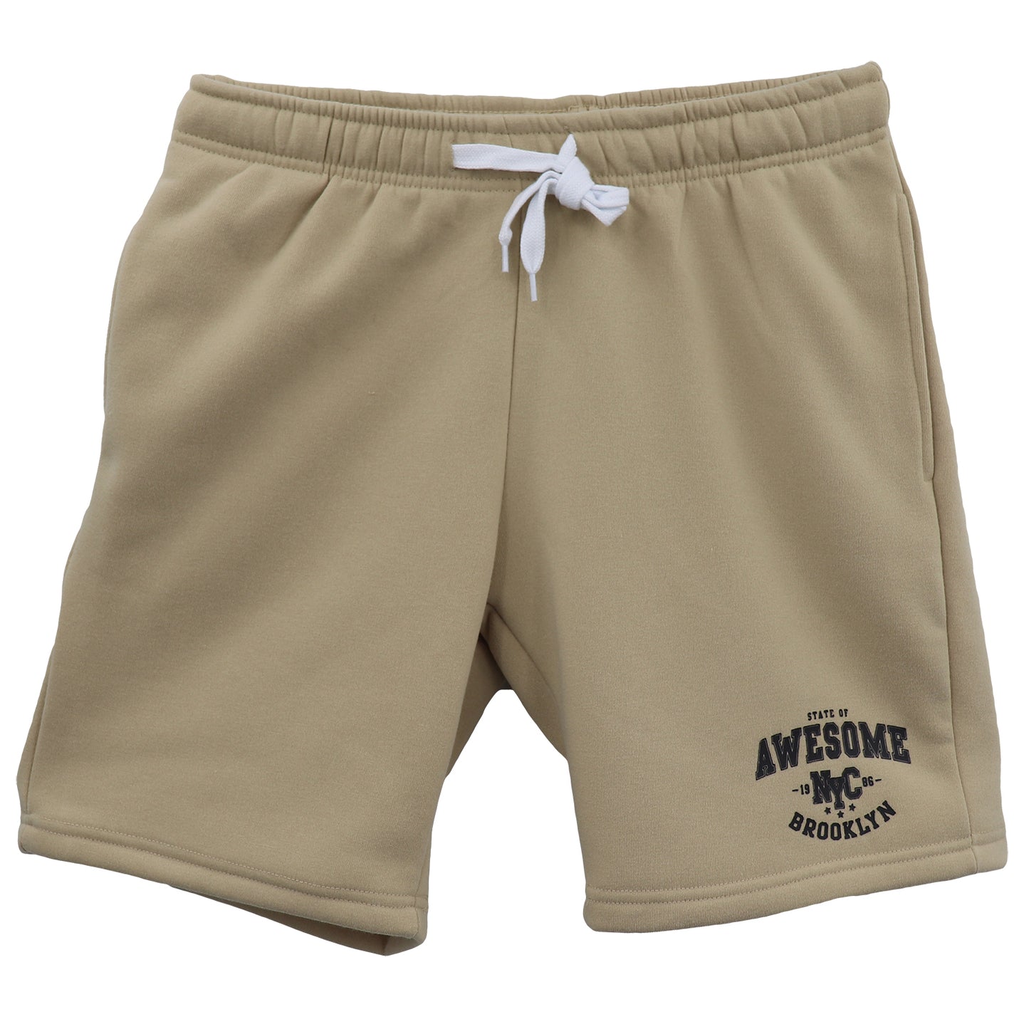 Men's Fleece Shorts Casual Sports Sweat Pants w Elastic Waist Drawstring Pockets, Beige, XL