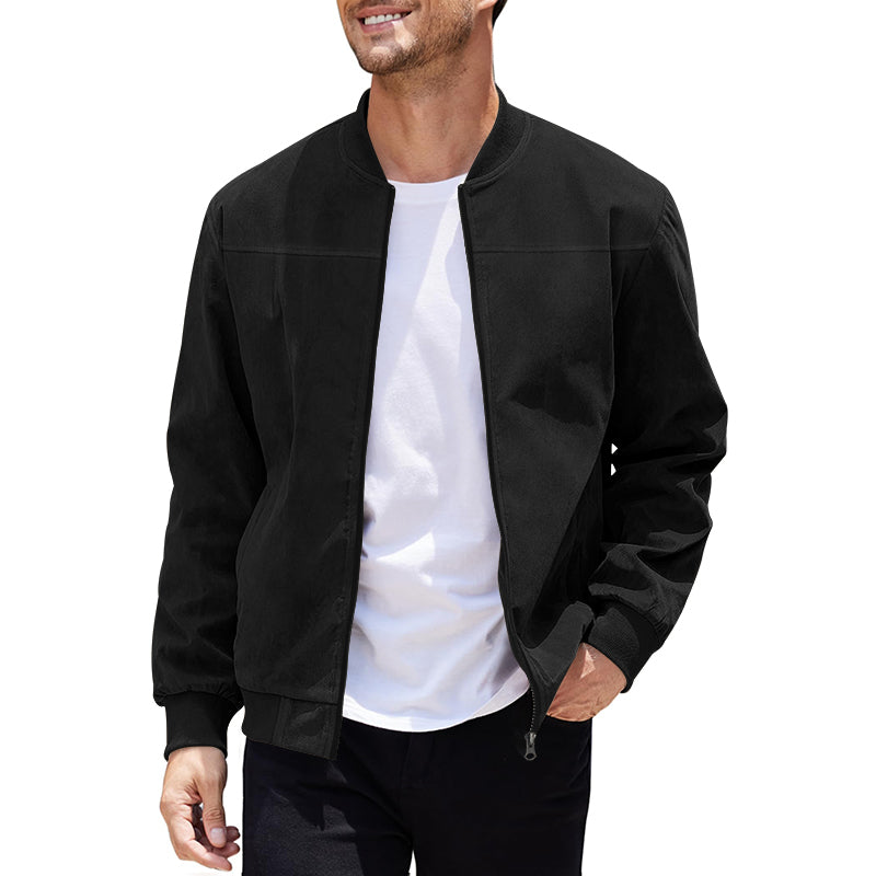 Men's Varsity Bomber Flight Jacket Breathable Windbreaker Zip Coat Faux Leather, Black, XL