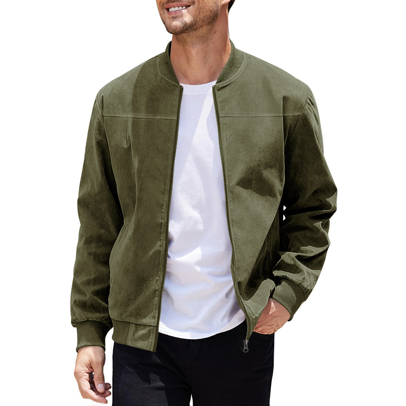 Men's Varsity Bomber Flight Jacket Breathable Windbreaker Zip Coat Faux Leather, Green, M