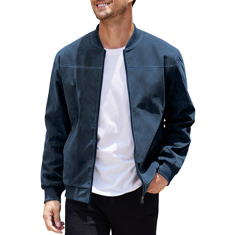 Men's Varsity Bomber Flight Jacket Breathable Windbreaker Zip Coat Faux Leather, Navy, XL