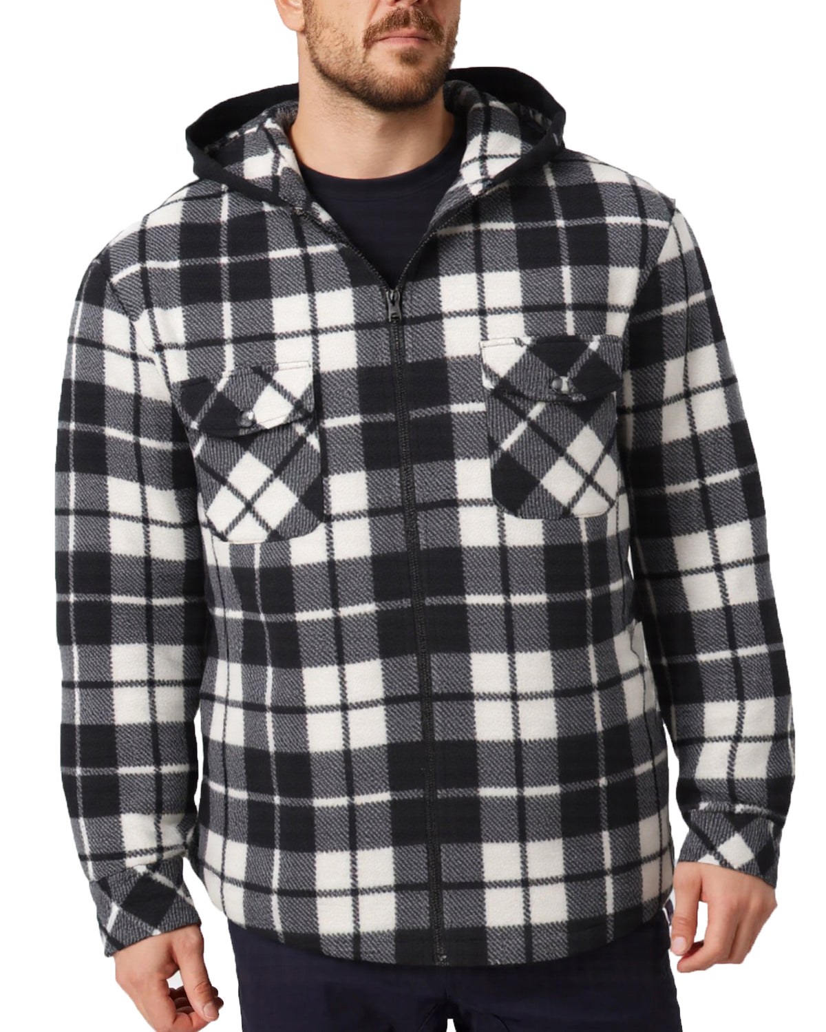 Men's Hooded Flannel Jacket Flannelette Plaid Fleece Shirt Zip Up Winter Coat, Black, S