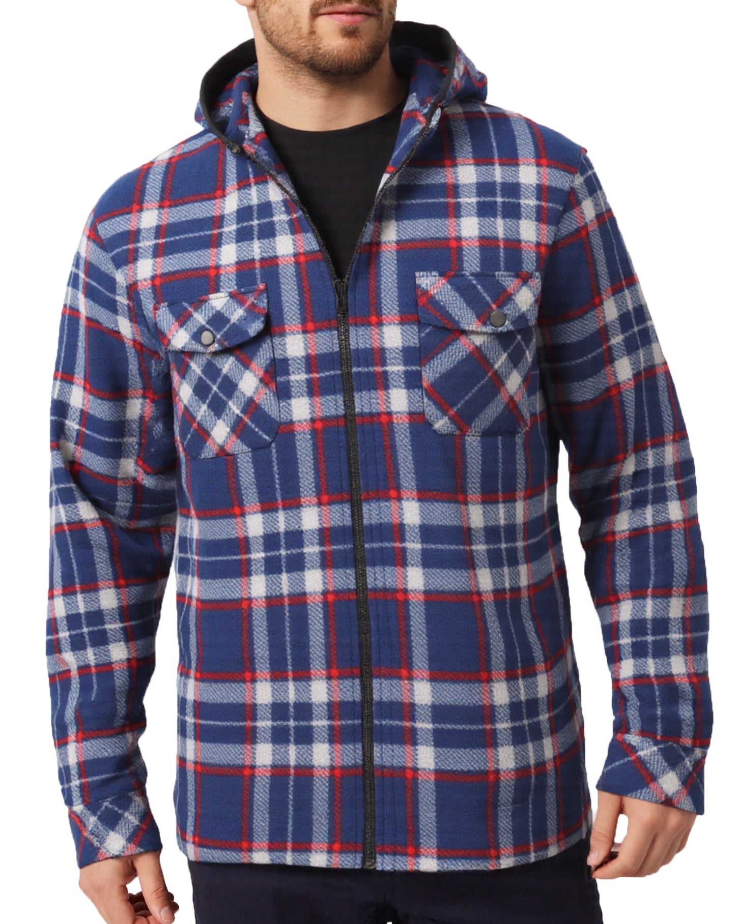 Men's Hooded Flannel Jacket Flannelette Plaid Fleece Shirt Zip Up Winter Coat, Blue, S